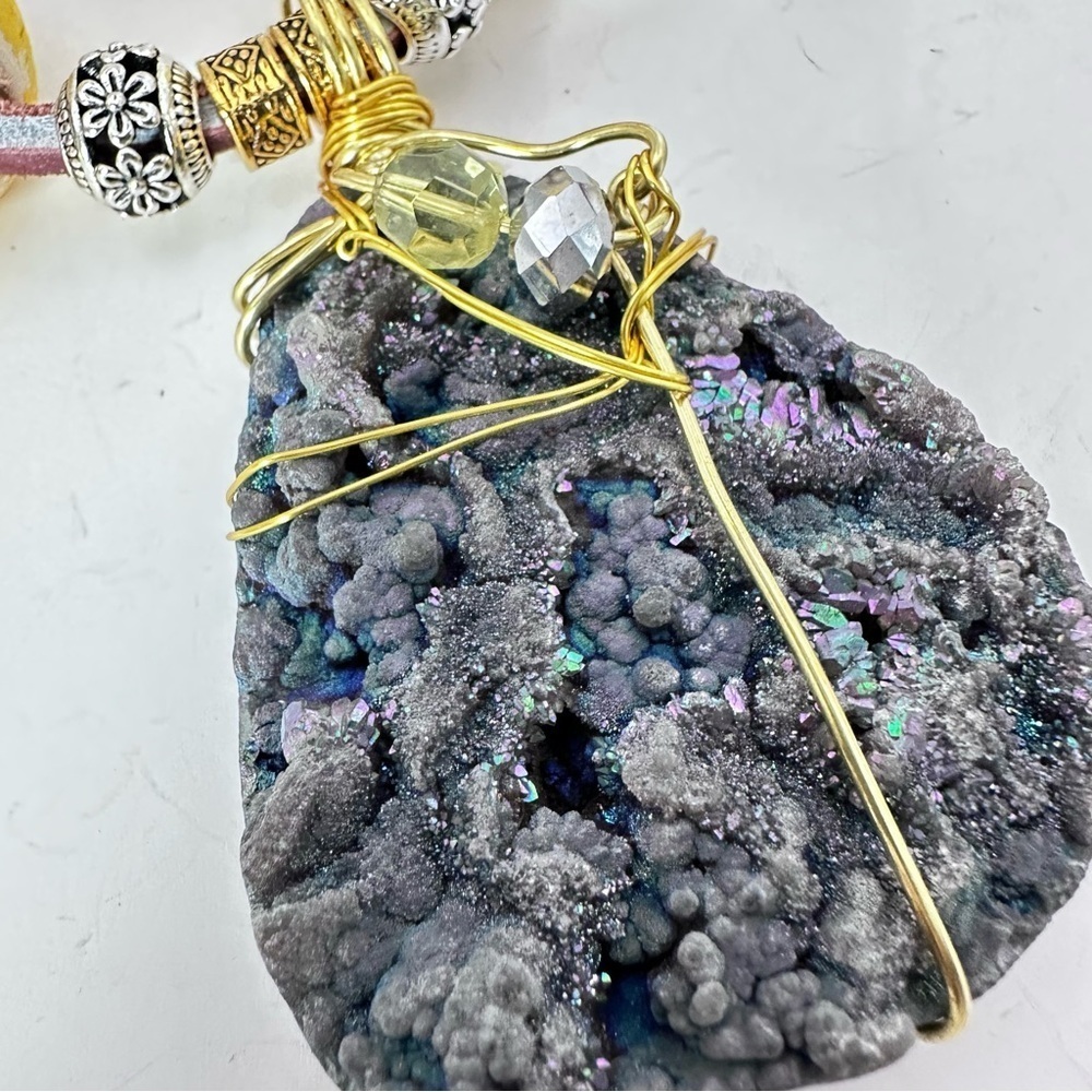 Artisan Wire Wrapped Druzy Necklace Iridescent Angel Aura Quartz Handmade OOAK